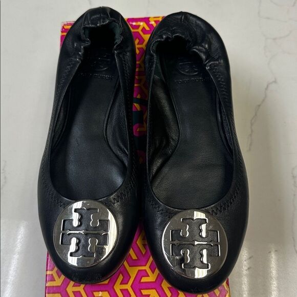 Authentic Tory Burch Classic Reva Ballet Flats Black Silver Sz 7 - Picture 1 of 8